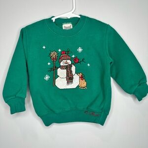Vintage green crewneck sweatshirt features snowman Hand embroidered graphic 2T